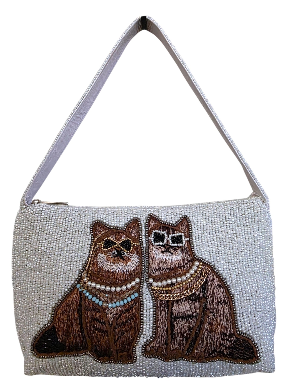 NEW Beaded Cat Shoulder Bag White Brown Embroidered Cats Sunglasses Handbag NWT